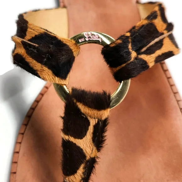 Lilly Pulitzer McKim Leopard Print Calf-Hair Leather Gold Ring Thong Sandals - Picture 3 of 12
